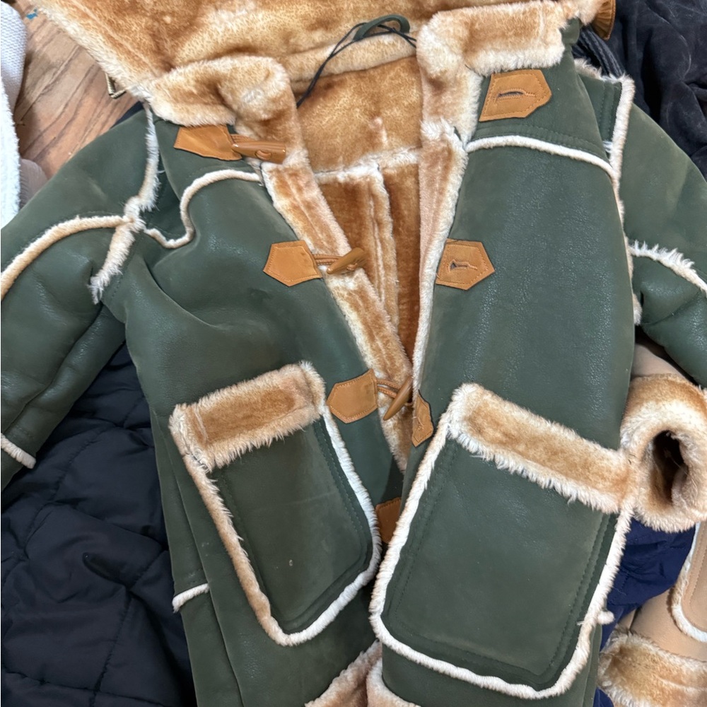 Green Faux Fur Trimmed Coat